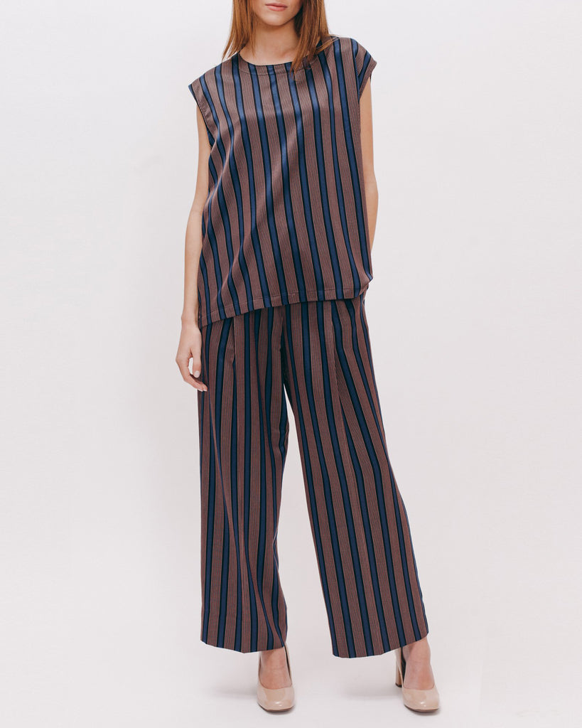 Stripe Rayon Sleeveless Blouse - Navy - [product _vendor]