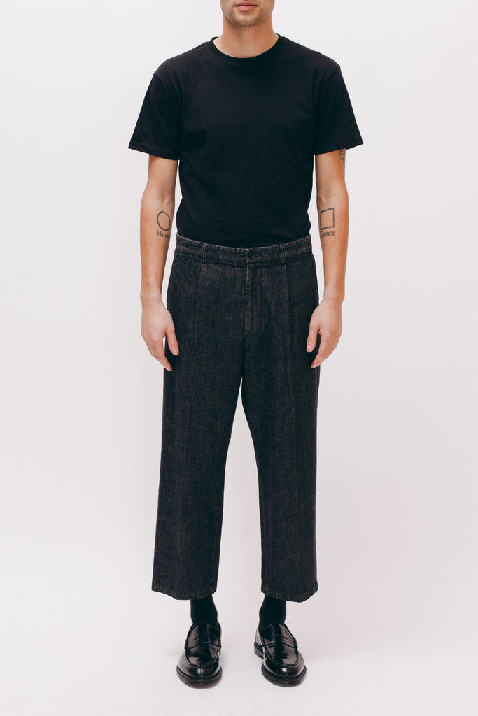 Washed Pleated Denim Trouser - Black