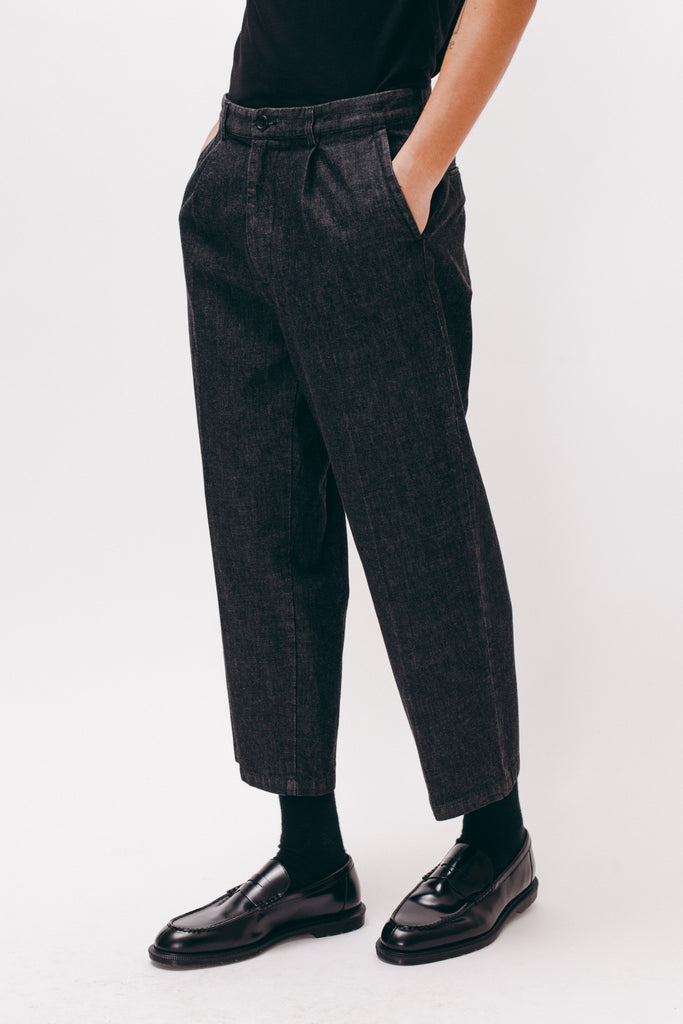 Washed Pleated Denim Trouser - Black