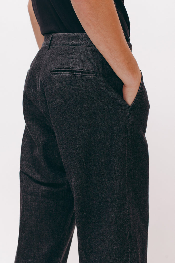 Washed Pleated Denim Trouser - Black